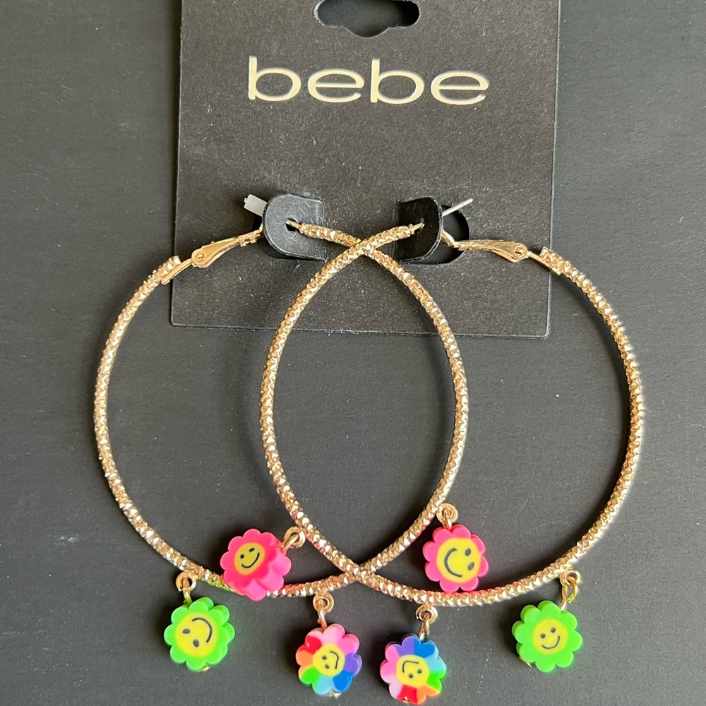 Smiley face bebe gold hoop earrings with smiley face NEW